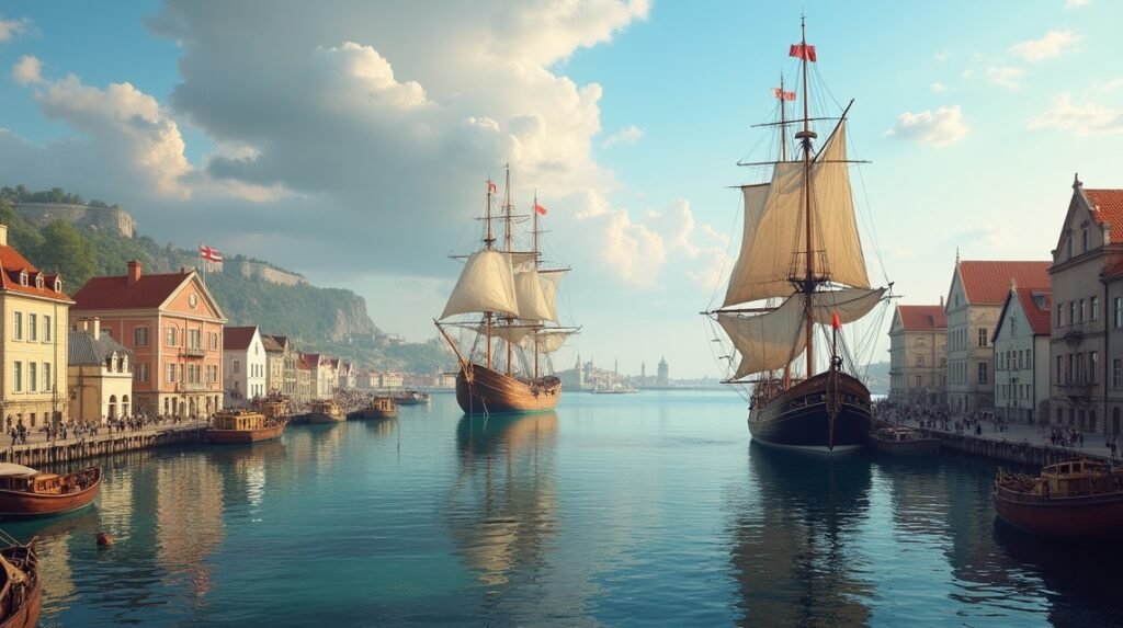 Kristiansund kikötője tengerészeti hajókkal és történelmi épületekkel.