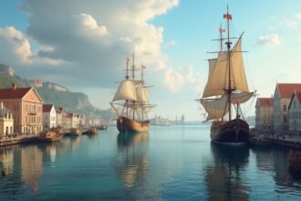 Kristiansund kikötője tengerészeti hajókkal és történelmi épületekkel.