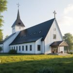 Elverum Templom moderne építészete a zöld környezetben