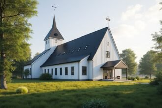 Elverum Templom moderne építészete a zöld környezetben