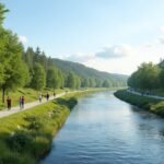 Séta a Glomma folyó partján Elverumban, zöld természet és panoráma.