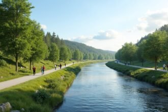 Séta a Glomma folyó partján Elverumban, zöld természet és panoráma.