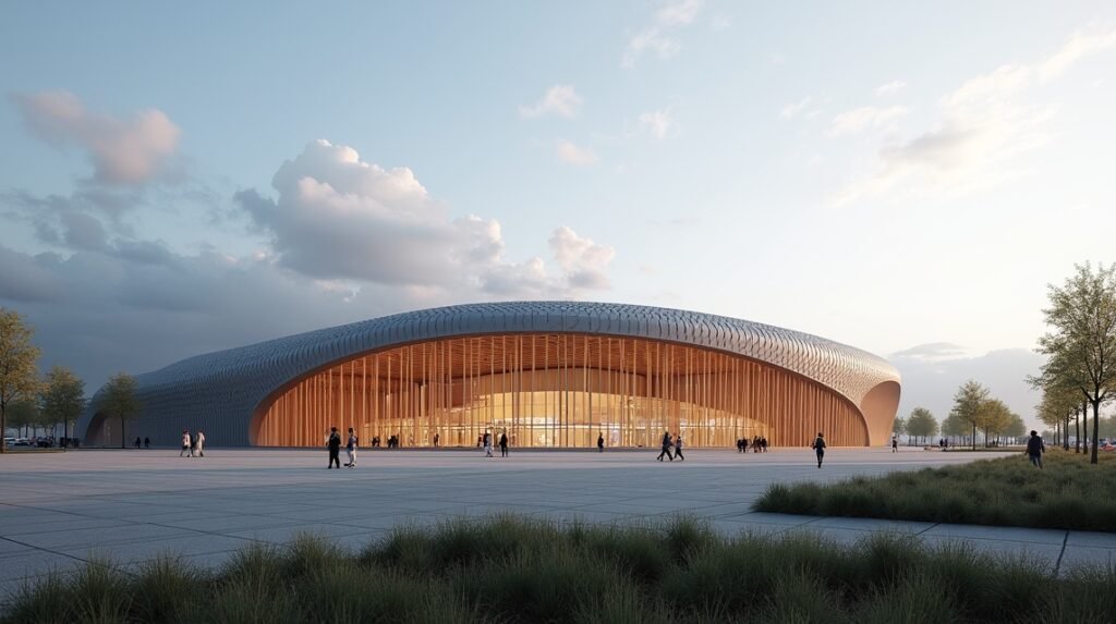 A modern architecture of Terningen Aréna in Elverum, Norway.