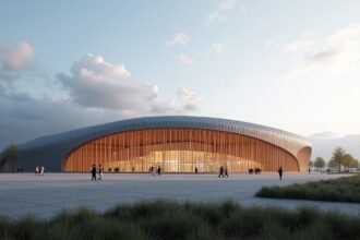 A modern architecture of Terningen Aréna in Elverum, Norway.