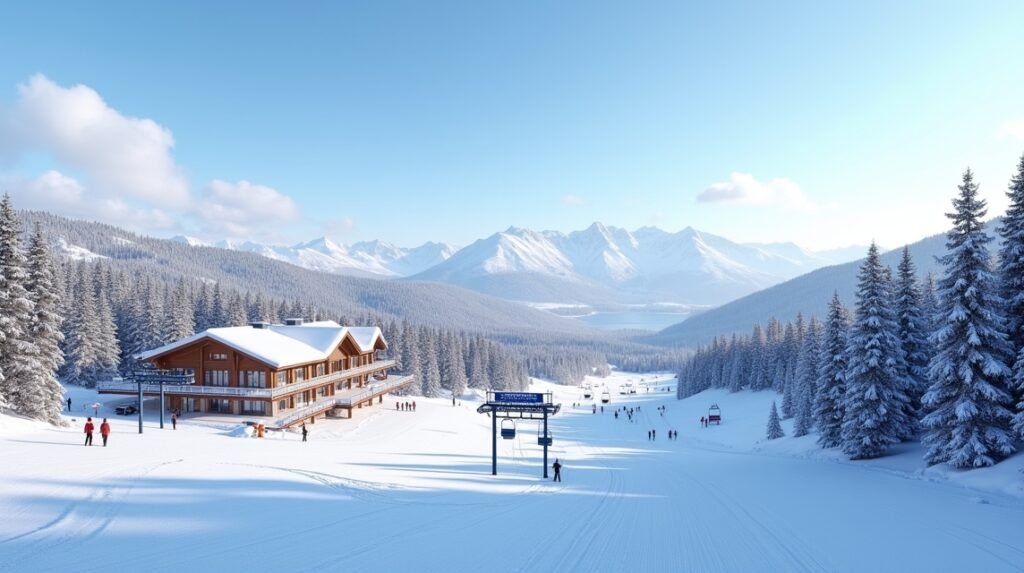 Stavåsen síközpont panorámája hóval borított tájjal Norvégiában