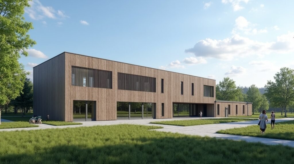 Elverum Városháza modern épülete zöld környezetben