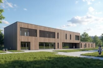 Elverum Városháza modern épülete zöld környezetben