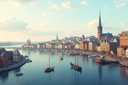 Trondheim városkép a fjord mellett, régi házakkal és hajókkal.