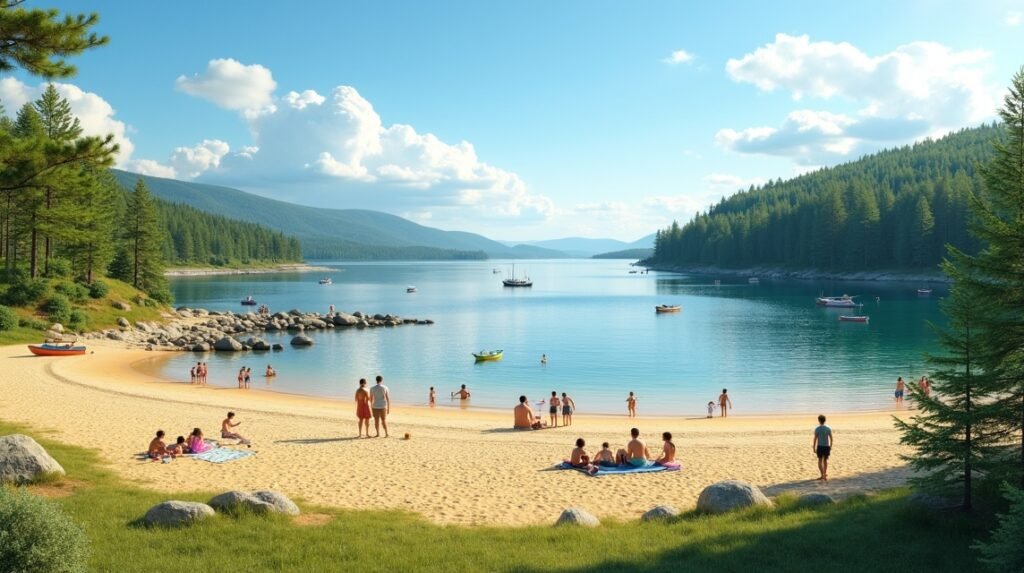 Sagtjernet tó homokos strandján fürdőző emberek Elverumban, Norvégiában.