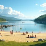 Sagtjernet tó homokos strandján fürdőző emberek Elverumban, Norvégiában.