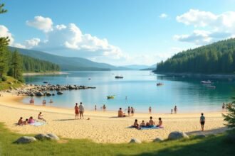Sagtjernet tó homokos strandján fürdőző emberek Elverumban, Norvégiában.