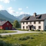 Hagyományos norvég házak Elverum közelében a hegyek között