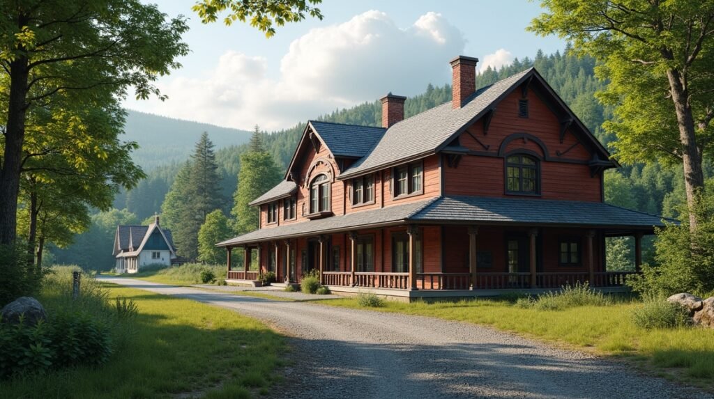 Régi vasútállomás Elverumban, patinás épületekkel és zöld környezettel