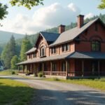 Régi vasútállomás Elverumban, patinás épületekkel és zöld környezettel