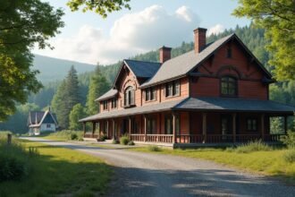 Régi vasútállomás Elverumban, patinás épületekkel és zöld környezettel