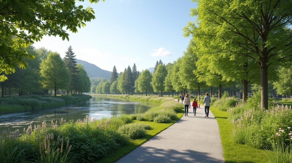 Család sétál Elverum Skogmuseet parkjában, gyönyörű tájban.