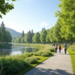 Család sétál Elverum Skogmuseet parkjában, gyönyörű tájban.