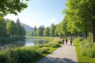 Család sétál Elverum Skogmuseet parkjában, gyönyörű tájban.