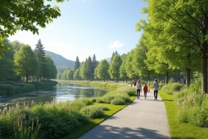 Család sétál Elverum Skogmuseet parkjában, gyönyörű tájban.