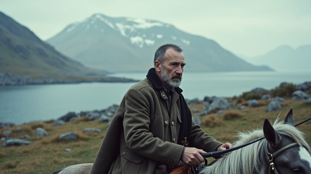 Férfi lóval a fjord mellett, Elverum történelmi környezetének hátterében.