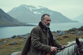 Férfi lóval a fjord mellett, Elverum történelmi környezetének hátterében.