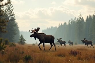 Jávor szarvasok sétálnak egy ködös erdei mezőn Elverumban