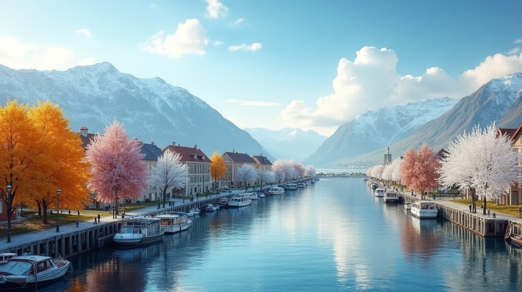 Trondheim gyönyörű tavaszi tája, színes fák és hegyek.