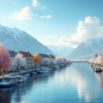 Trondheim gyönyörű tavaszi tája, színes fák és hegyek.