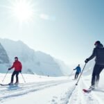 Síelők a havas hegyekben Norvégiában, téli sportok élménye