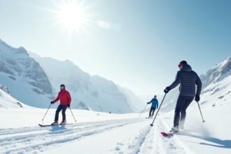 Síelők a havas hegyekben Norvégiában, téli sportok élménye
