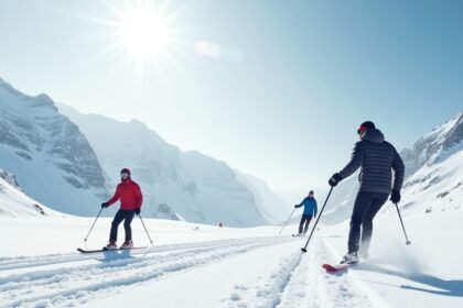 Síelők a havas hegyekben Norvégiában, téli sportok élménye