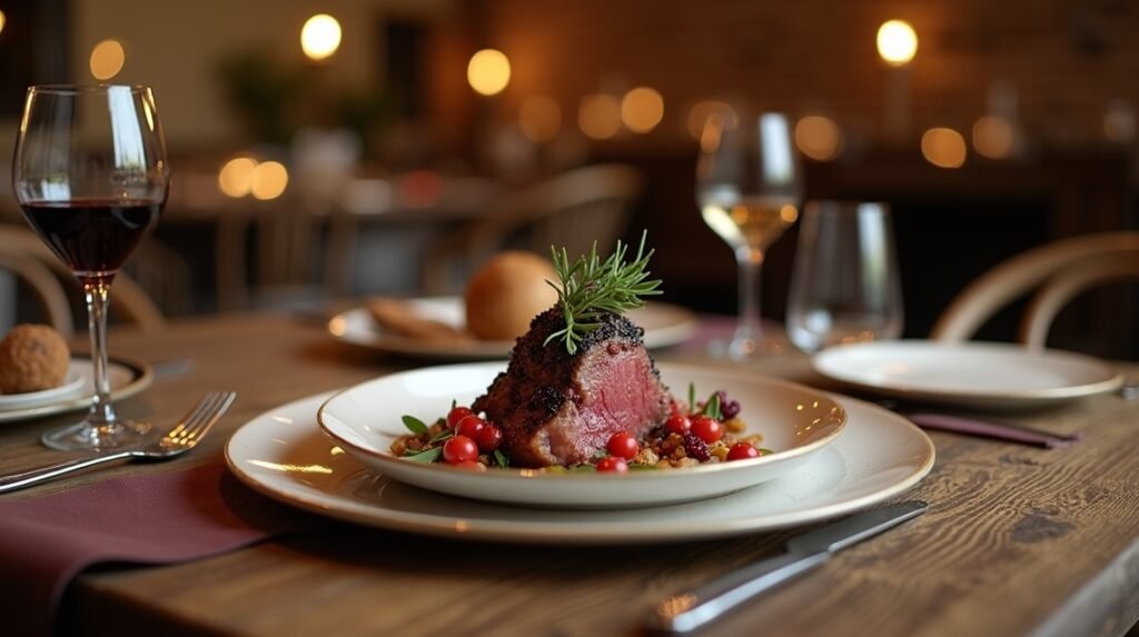 Finom vadhúsos étel erdei bogyókkal és vörösborral Elverumban.