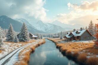 Havas táj Elverumban, házak a folyó partján, téli időjárás