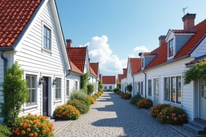 Hófehér faházak Gamle Stavanger óvárosában, macskaköves utcák között.
