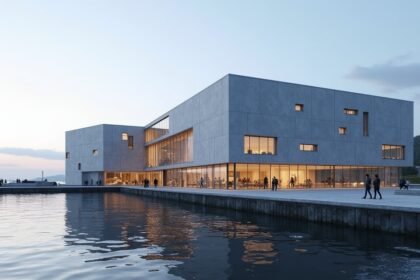 Modern épület a Norvég Olajmúzeumnál Stavangerben, vízparti kilátással.