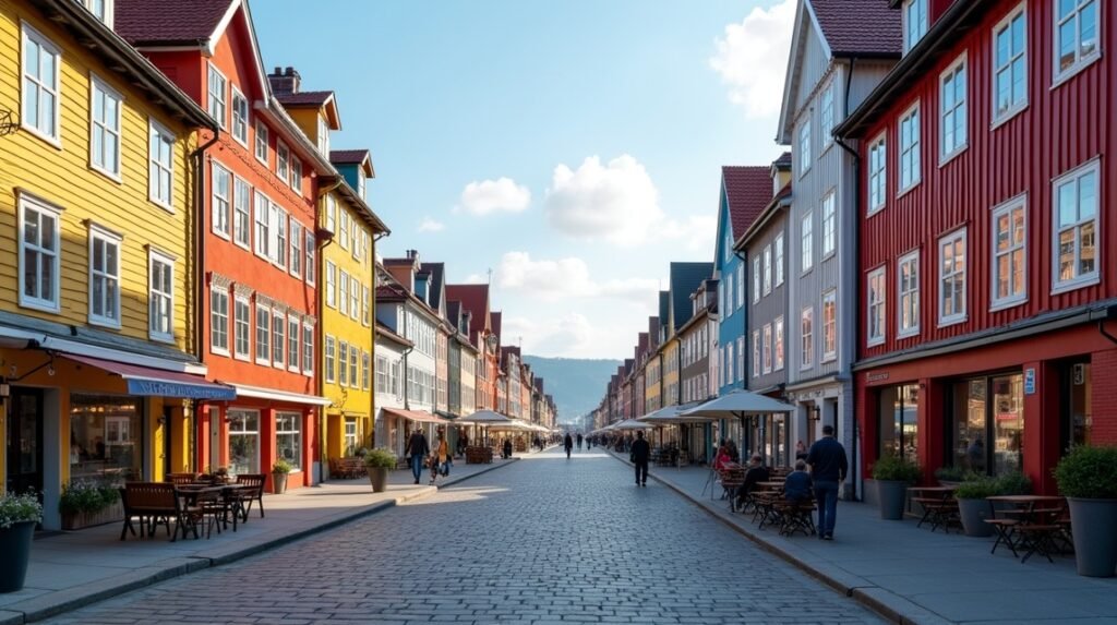 Fargegaten, Stavanger színes utcája kültéri kávézókkal és házfalakkal.