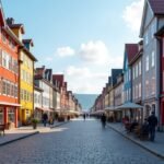 Fargegaten, Stavanger színes utcája kültéri kávézókkal és házfalakkal.