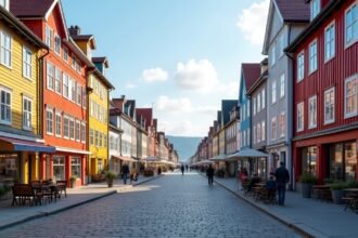 Fargegaten, Stavanger színes utcája kültéri kávézókkal és házfalakkal.