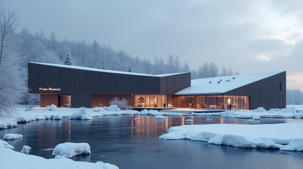 A Fram Múzeum lenyűgöző épülete hóval borított tájon Oslo mellett.