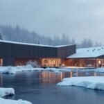 A Fram Múzeum lenyűgöző épülete hóval borított tájon Oslo mellett.