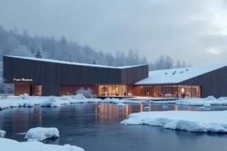 A Fram Múzeum lenyűgöző épülete hóval borított tájon Oslo mellett.
