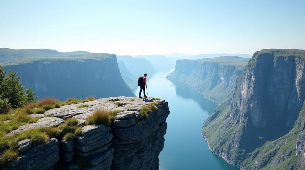 Túrázó a Szószék-szikla peremén, lenyűgöző Lysefjord hátterével.