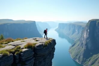 Túrázó a Szószék-szikla peremén, lenyűgöző Lysefjord hátterével.