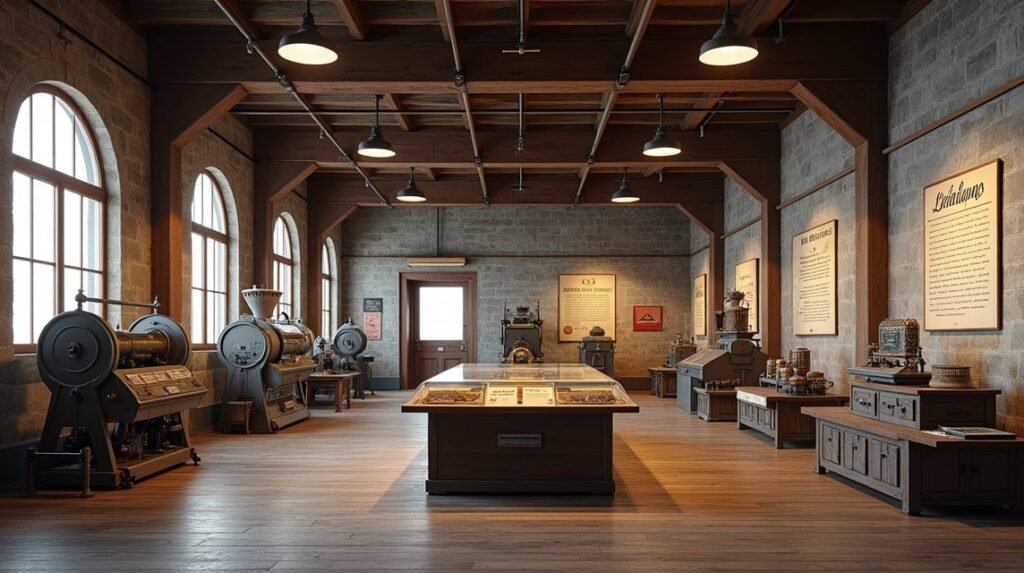 A Konzervmúzeum enteriőrje Stavangerben, régi gépekkel és kiállítással.