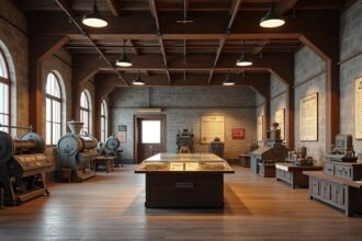 A Konzervmúzeum enteriőrje Stavangerben, régi gépekkel és kiállítással.