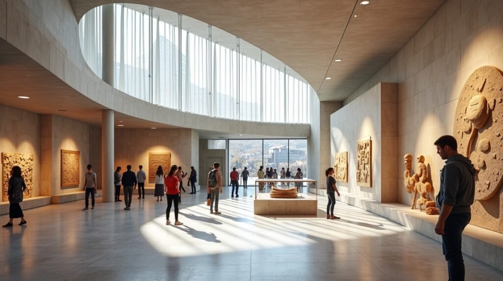 Stavanger Régészeti Múzeum belső tere interaktív kiállításokkal.