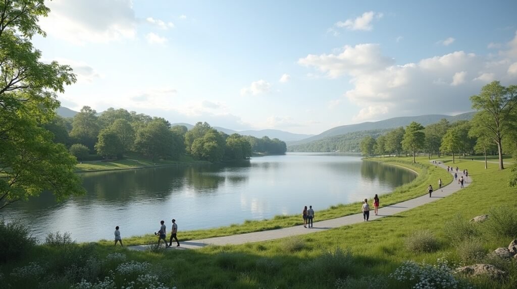 Mosvatnet tó Stavangerban, sétálókkal és zöld környezettel.