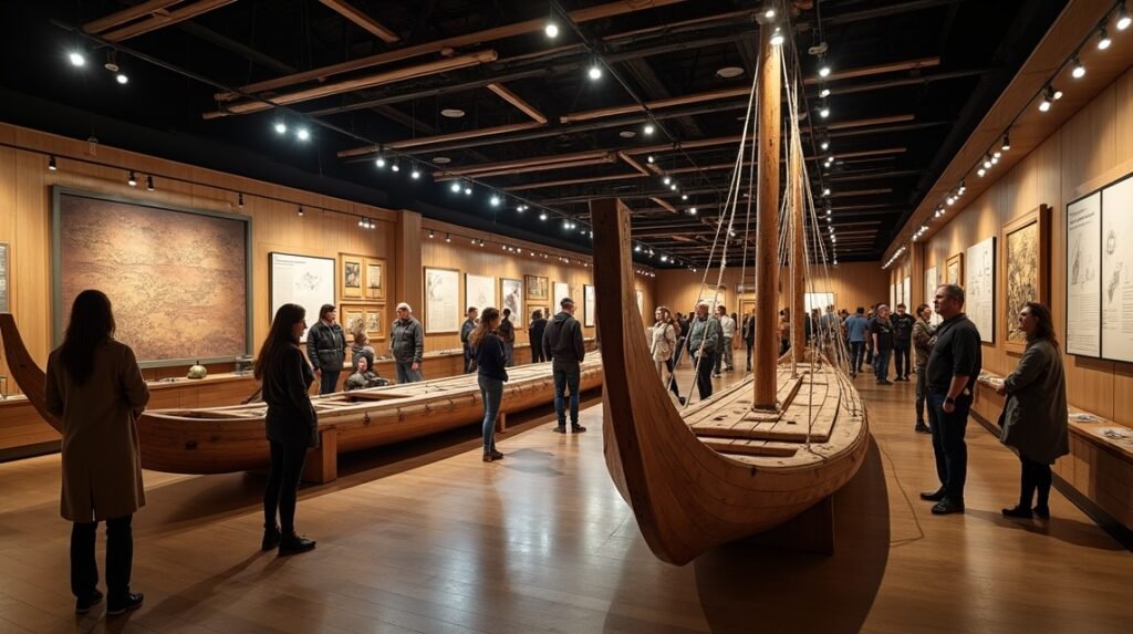 A Kon-Tiki Múzeum belső tere Thor Heyerdahl tutajával és látogatókkal.