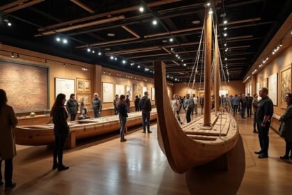 A Kon-Tiki Múzeum belső tere Thor Heyerdahl tutajával és látogatókkal.