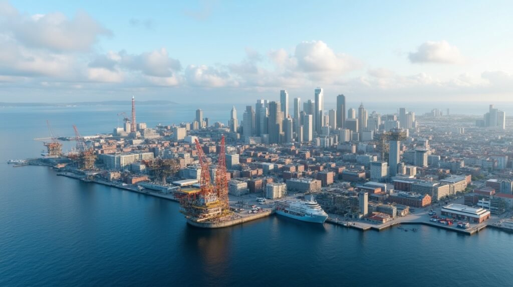 Stavanger városképe tengerparti olajipari létesítményekkel